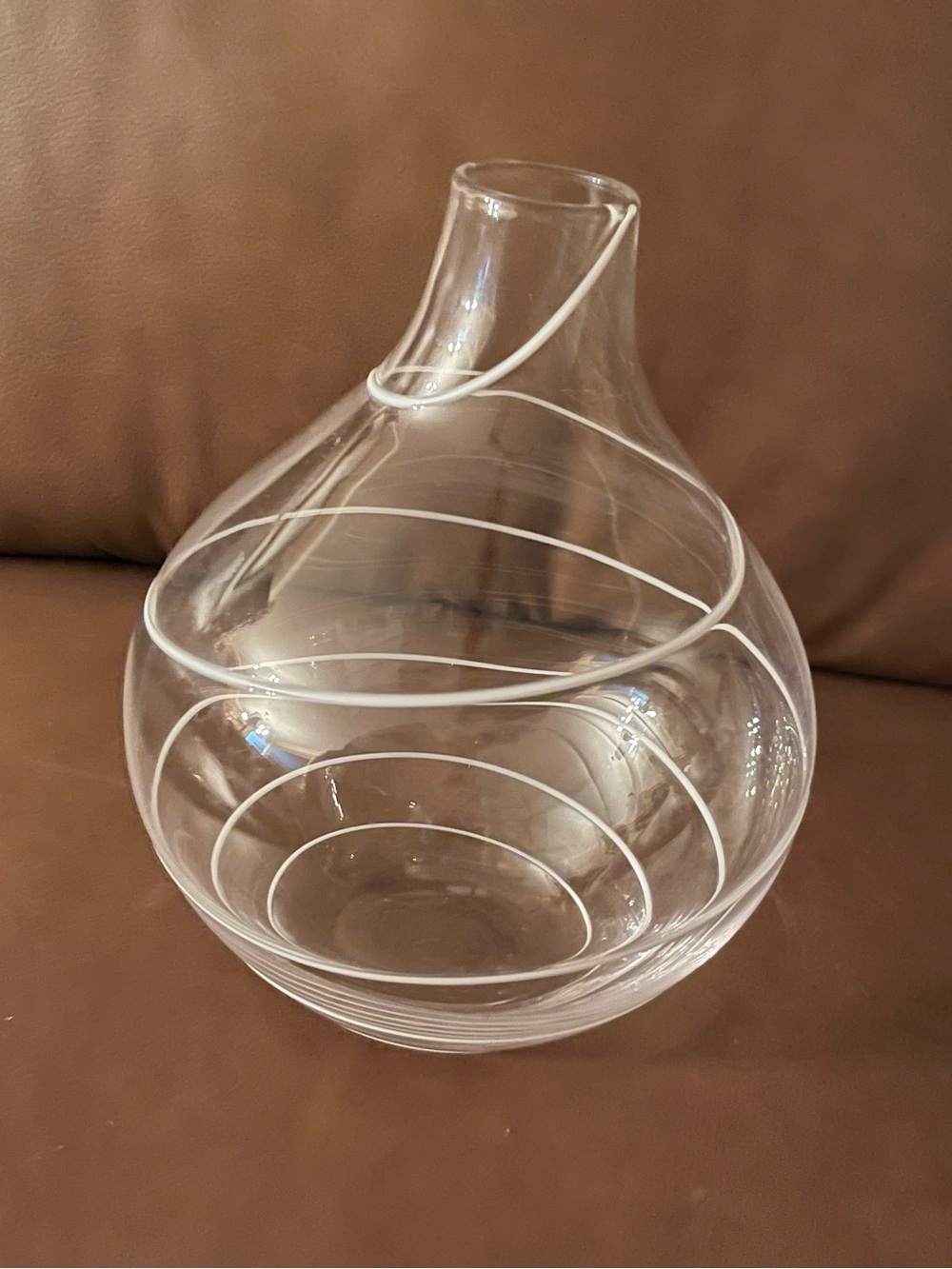 Home Trends Large Hand-Blown Clear Glass Gourd Shaped Vase w/ White Swirls.